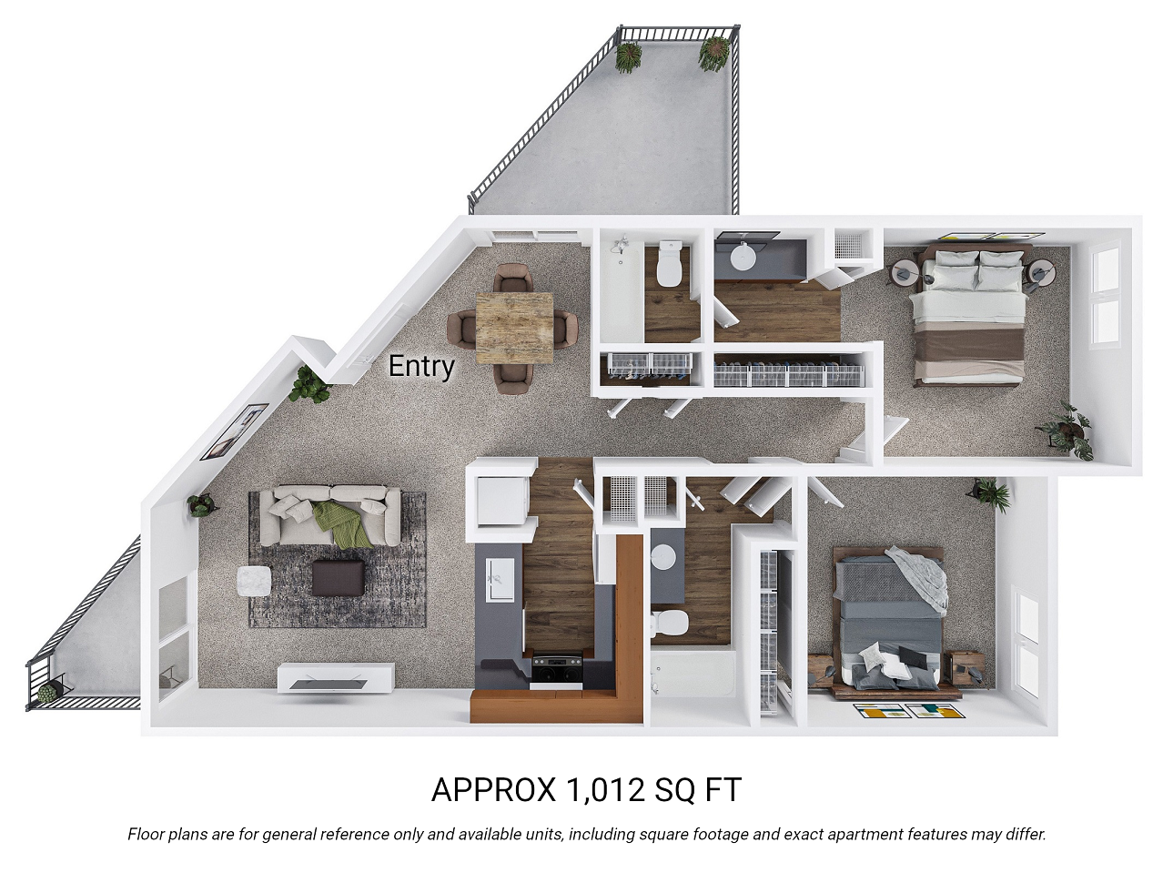 Floor plan for 2 beds, 2 baths, 1012 sqft